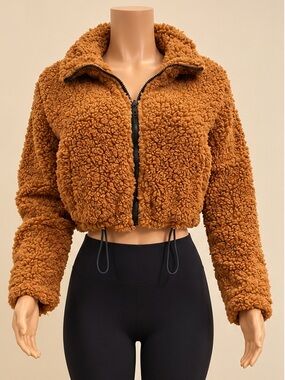 OOTDFash Rust Brown Sherpa Teddy Cropped Zip Jacket Cinch Waist S NWT